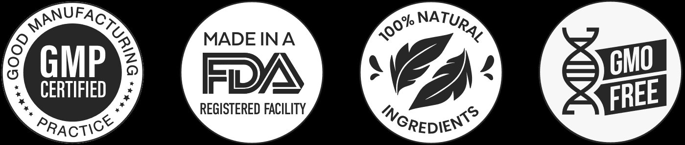 Prosta Peak Certifications – GMP Certified Good Manufacturing Practice · Made in FDA Registered Facility · 100% Natural Ingredients · GMO Free